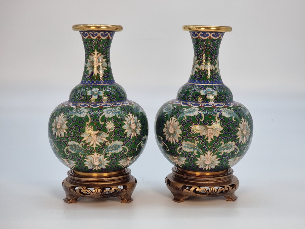 A pair of Chinese cloisonné enamel vases and stands C 1930