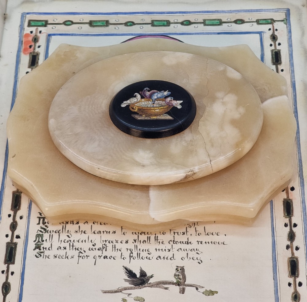 A rare antique Grand Tour micro mosaic marble desk paperweight with the doves of Pliny circa 1870 View VI