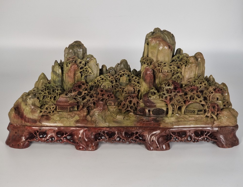 A fine Chinese carved soapstone continuous landscape of unusually large proportions View II