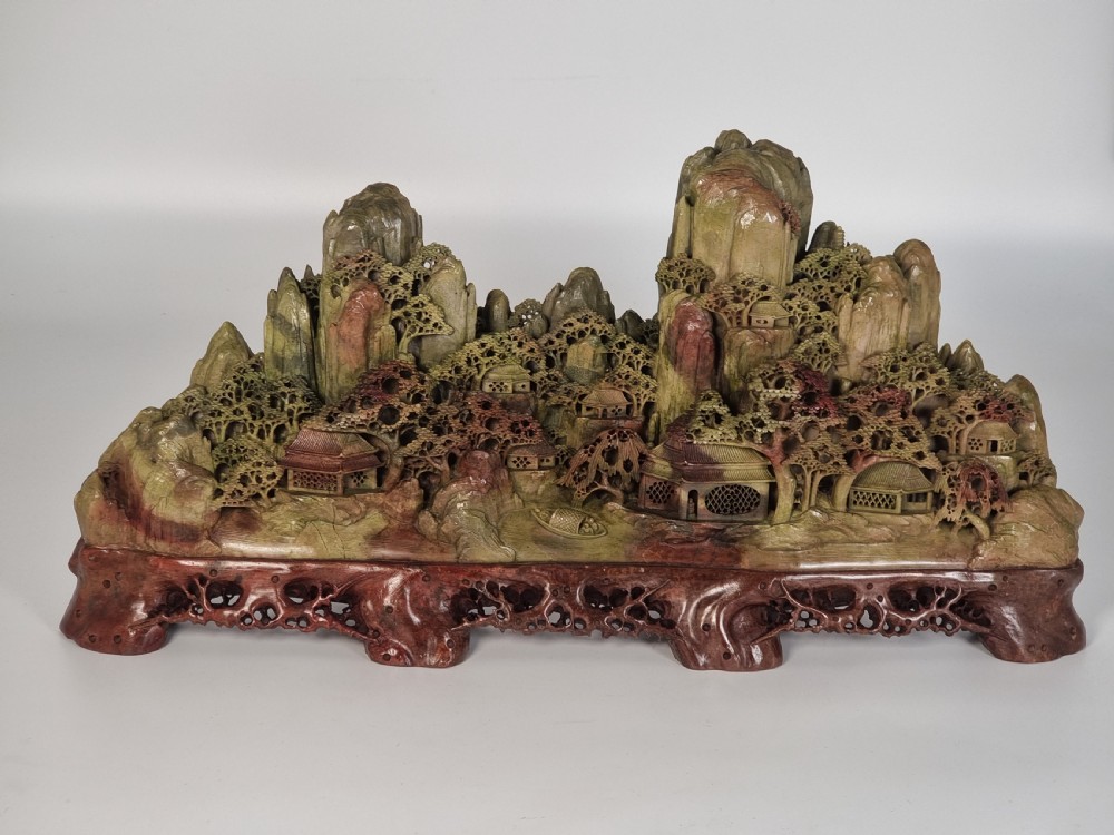 A fine Chinese carved soapstone continuous landscape of unusually large proportions View III