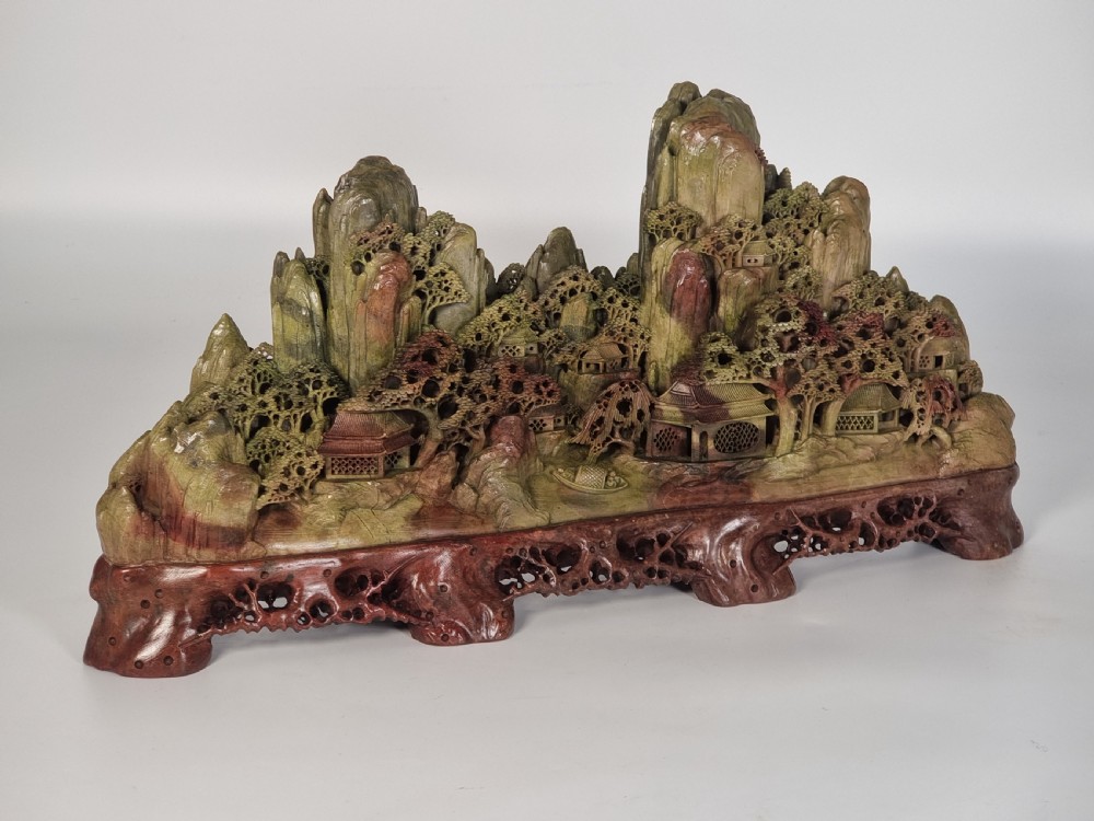 A fine Chinese carved soapstone continuous landscape of unusually large proportions View IV