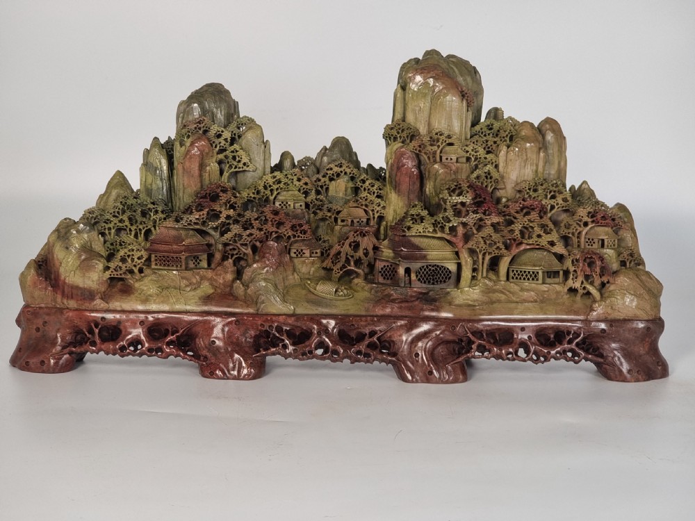 A fine Chinese carved soapstone continuous landscape of unusually large proportions View XI