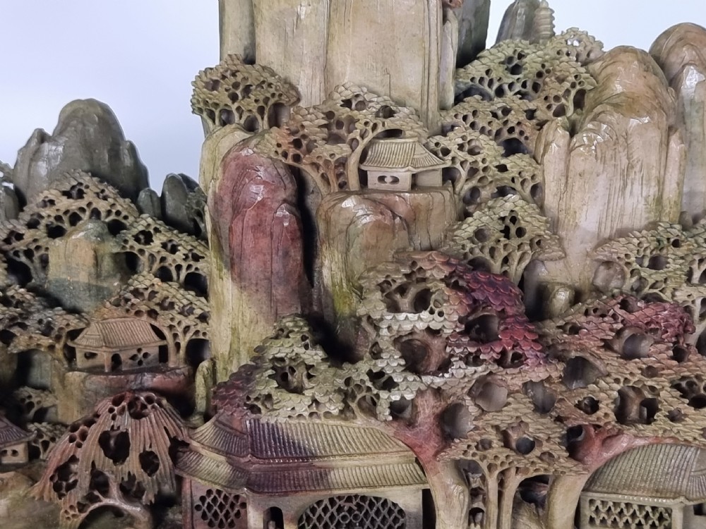 A fine Chinese carved soapstone continuous landscape of unusually large proportions View XII