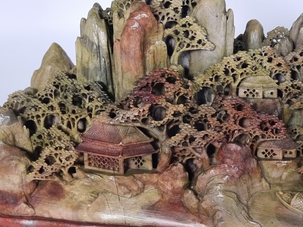 A fine Chinese carved soapstone continuous landscape of unusually large proportions View XIII