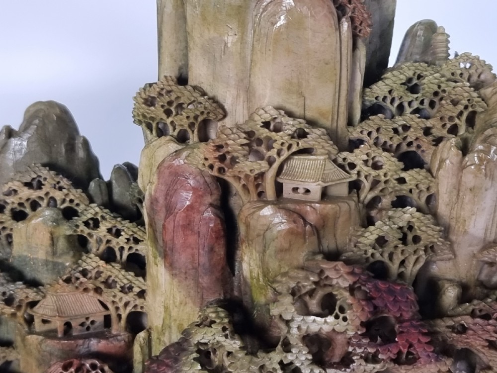A fine Chinese carved soapstone continuous landscape of unusually large proportions View XV
