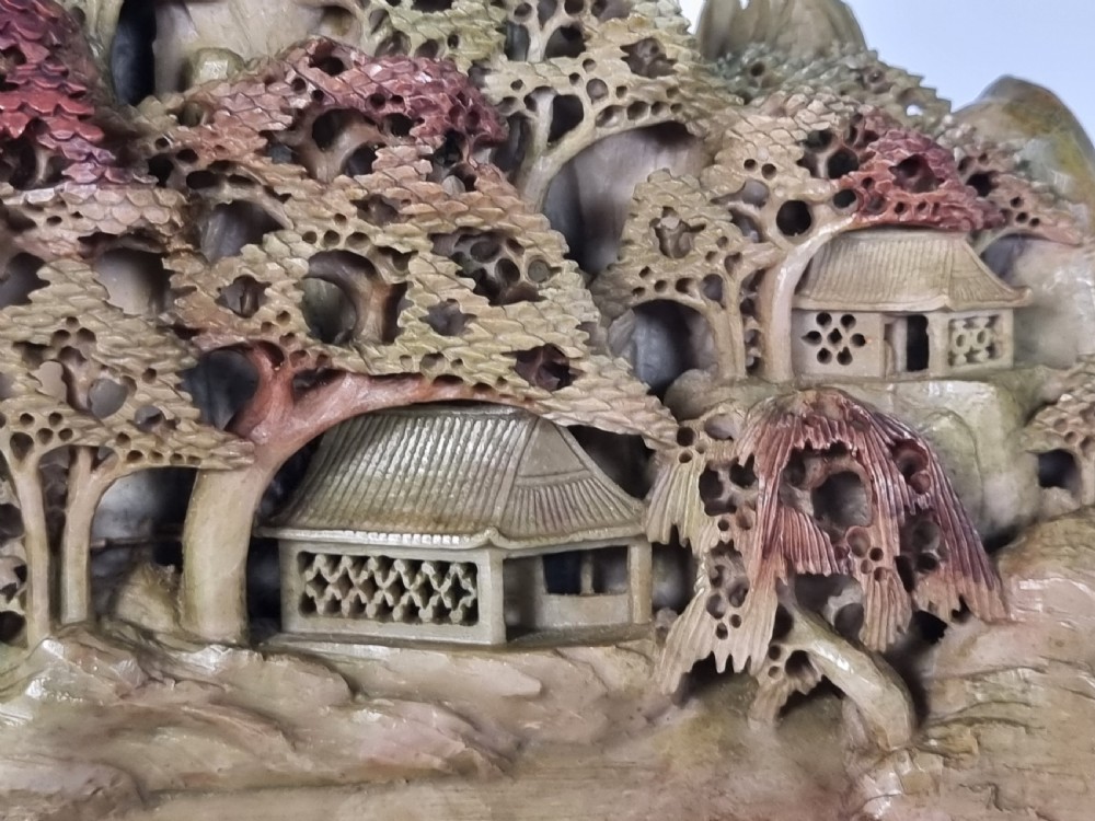 A fine Chinese carved soapstone continuous landscape of unusually large proportions View XVII