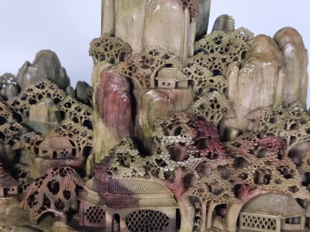 A fine Chinese carved soapstone continuous landscape of unusually large proportions View XIX