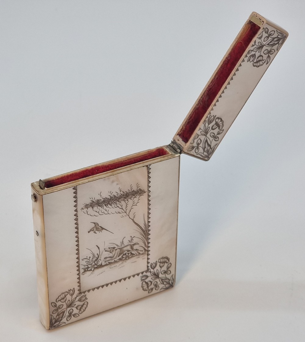 A fine British calling card case, early 19th C mother of pearl with engraved shooting scene. View V