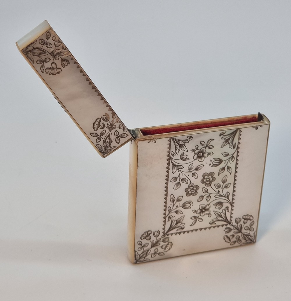 A fine British calling card case, early 19th C mother of pearl with engraved shooting scene. View VI