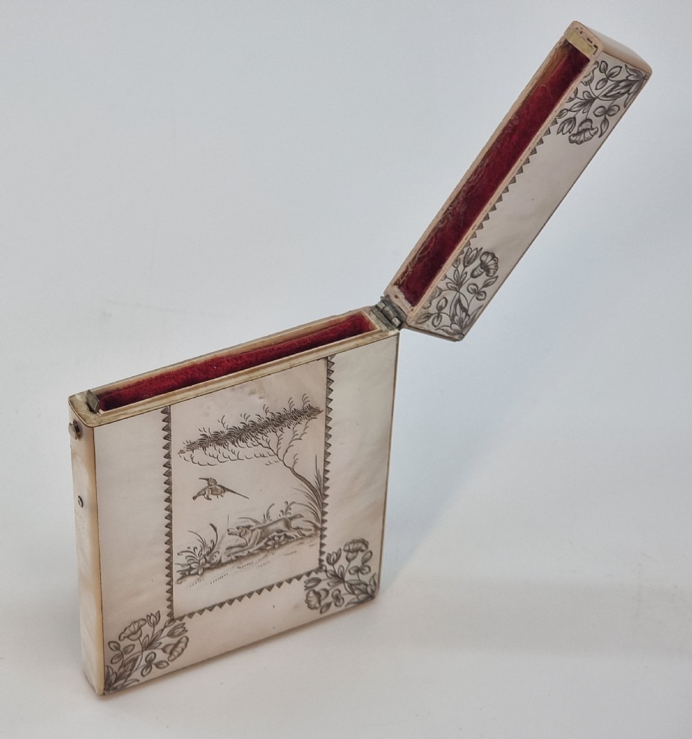 A fine British calling card case, early 19th C mother of pearl with engraved shooting scene. View VII
