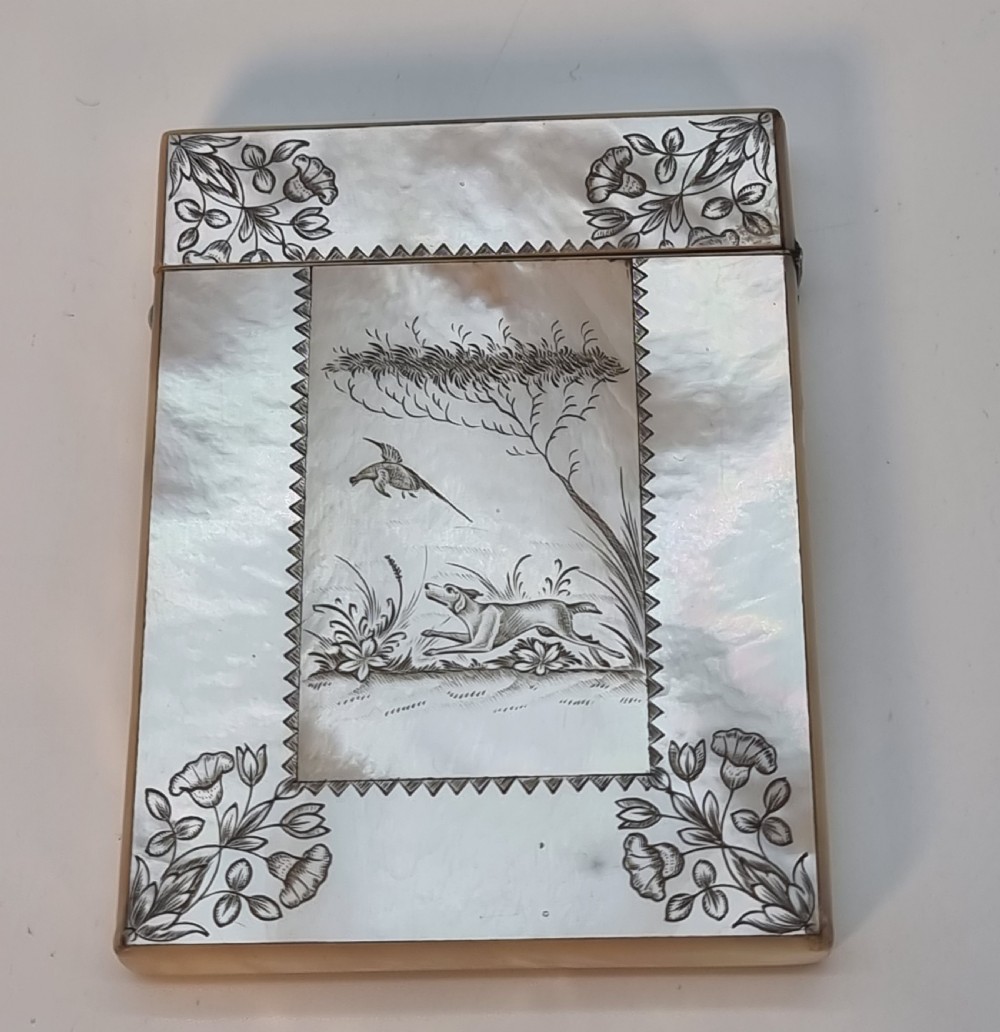 A fine British calling card case, early 19th C mother of pearl with engraved shooting scene. View IX