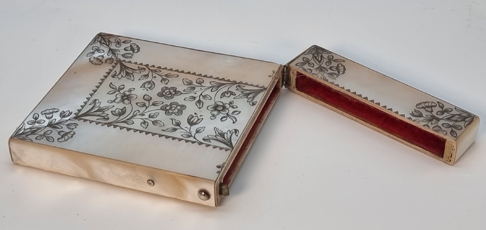 A fine British calling card case, early 19th C mother of pearl with engraved shooting scene. View XVI