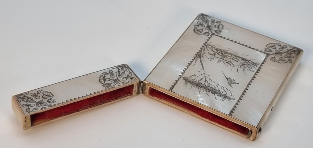 A fine British calling card case, early 19th C mother of pearl with engraved shooting scene. View XVII