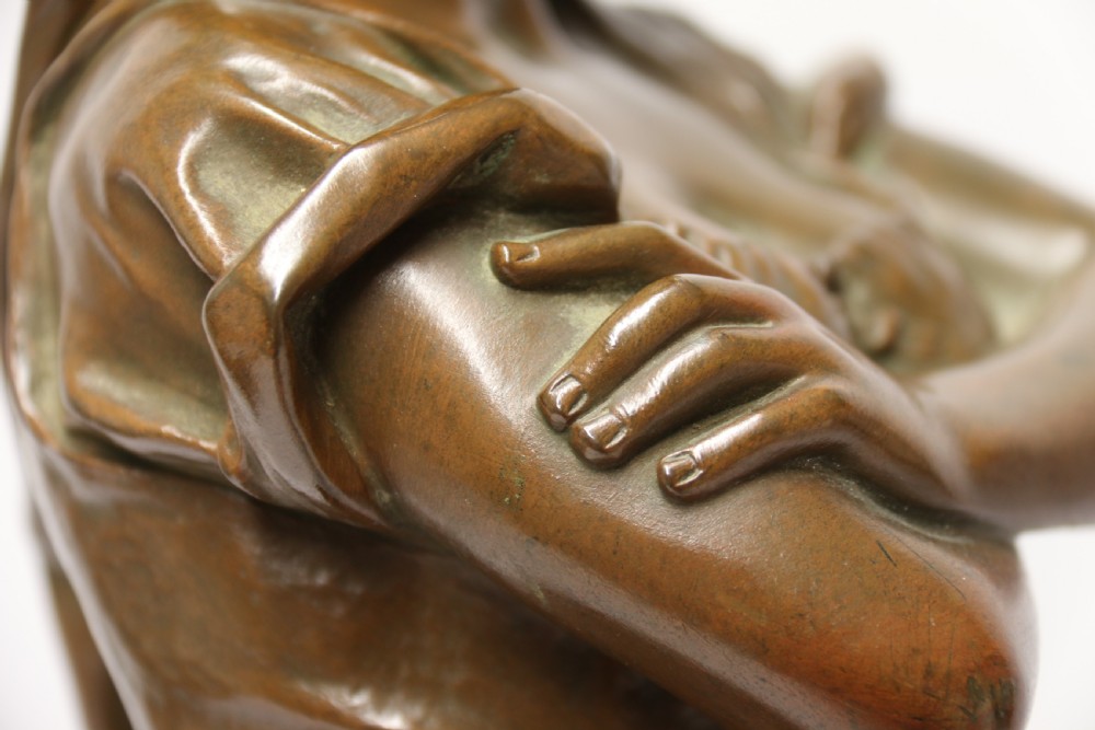 A 19th century  French bronze sculpture of a young female gathering hey at harvest View XIII