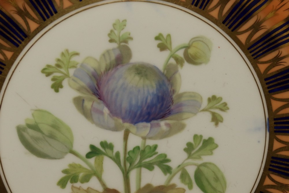 A pair of circular antique porcelain cabinet plates featuring central hand-painted floral motifs surrounded by elaborate gilded and cobalt blue borders. View IX