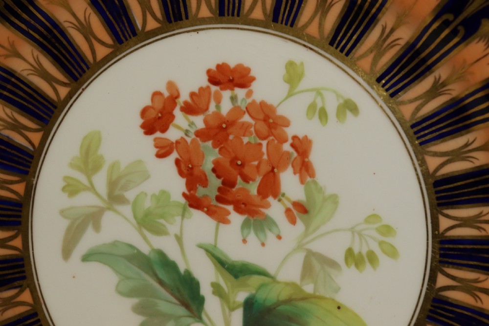 A pair of circular antique porcelain cabinet plates featuring central hand-painted floral motifs surrounded by elaborate gilded and cobalt blue borders. View X