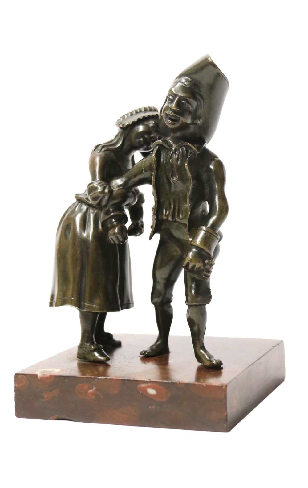 A 19th-century patinated bronze sculpture depicting a young Italian couple in traditional costume standing upon a rectangular brown marble base.