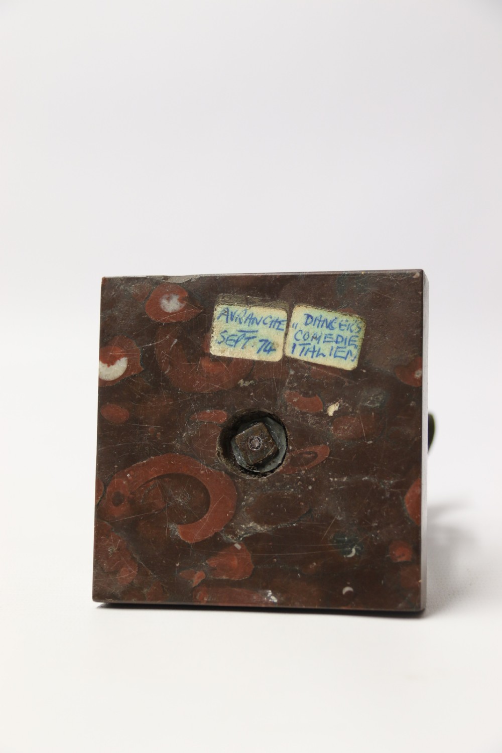 A 19th-century patinated bronze sculpture depicting a young Italian couple in traditional costume standing upon a rectangular brown marble base. View X