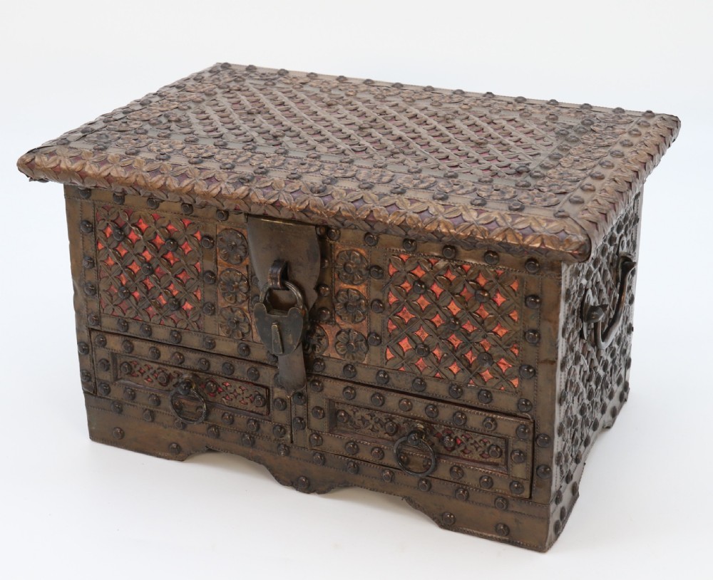 A highly decorative small Zanzibar brass and copper mounted chest or strongbox View II