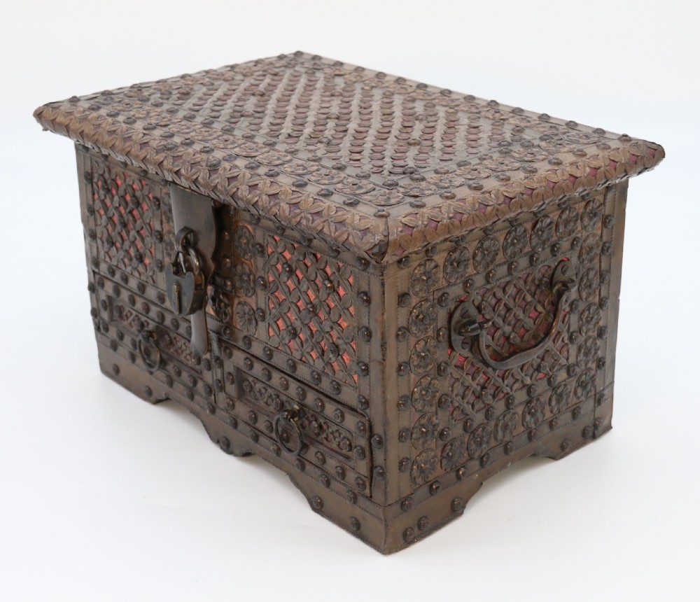 A highly decorative small Zanzibar brass and copper mounted chest or strongbox View IV