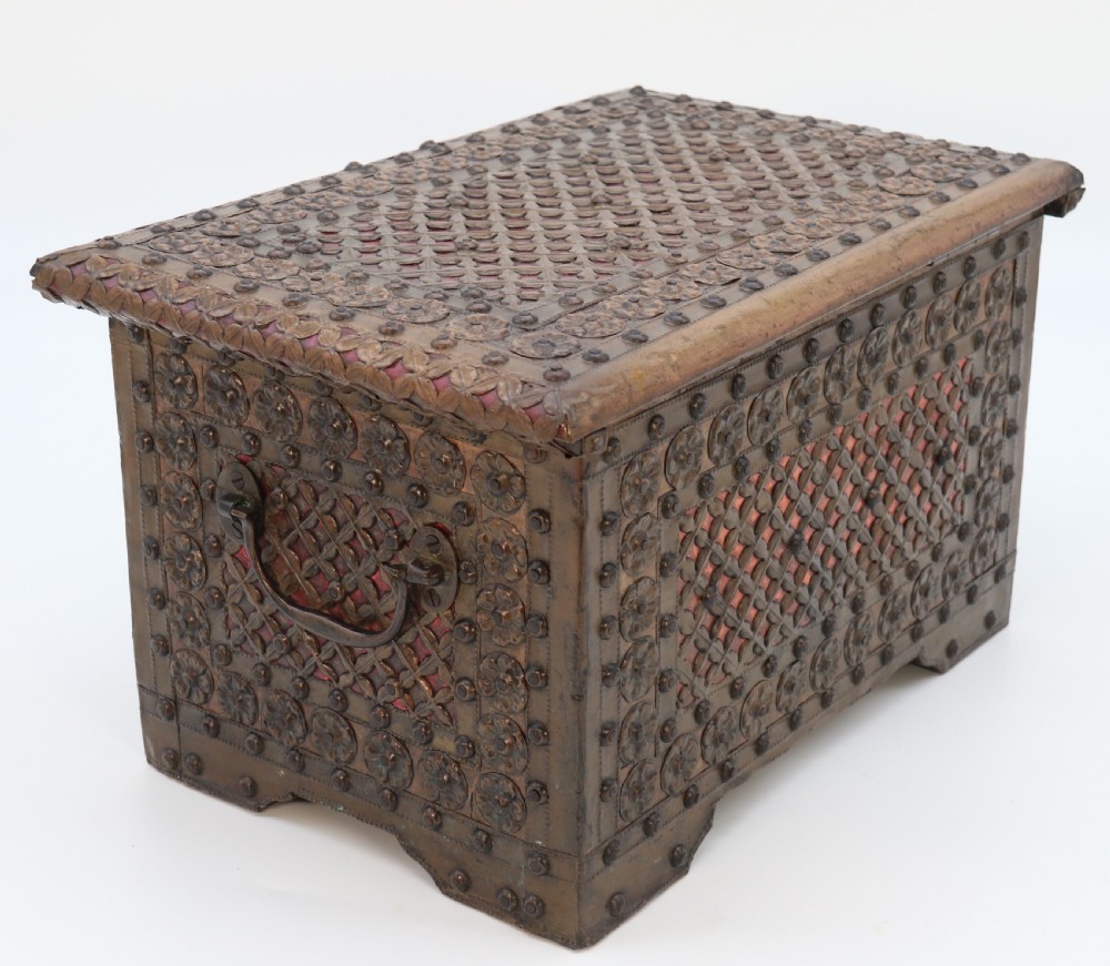 A highly decorative small Zanzibar brass and copper mounted chest or strongbox View V