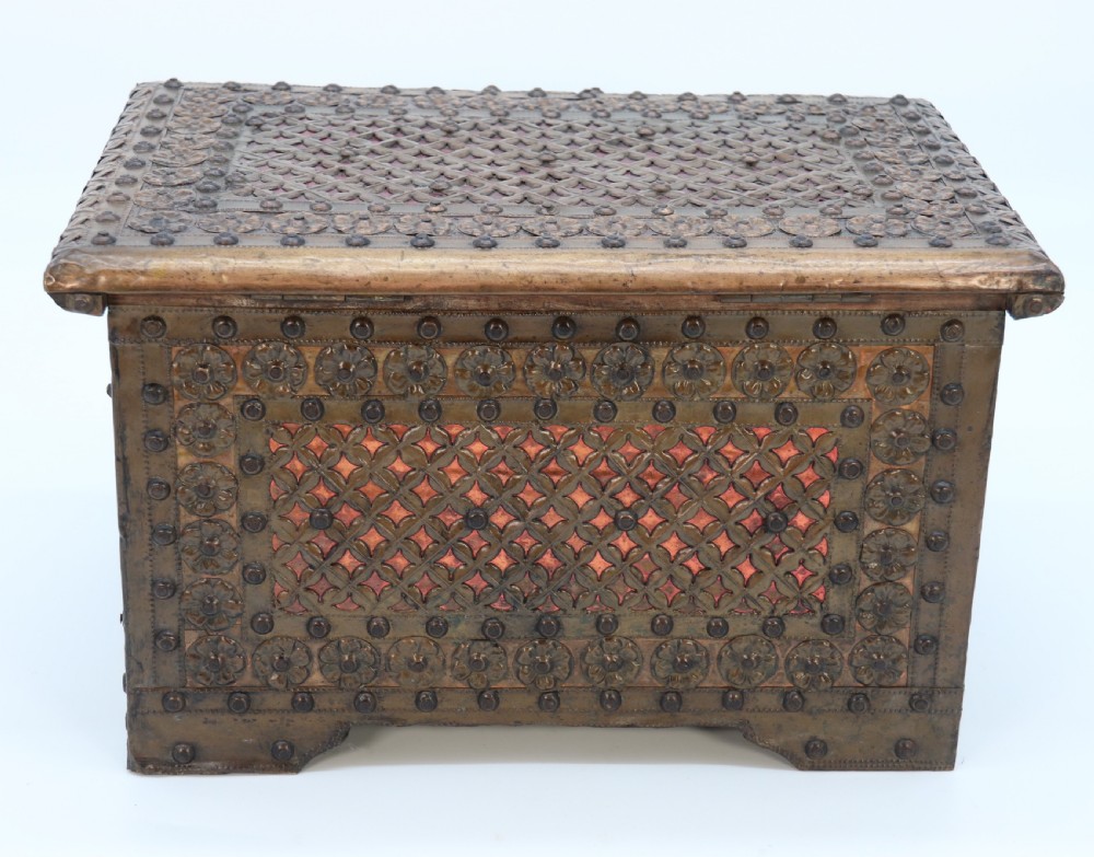 A highly decorative small Zanzibar brass and copper mounted chest or strongbox View VI