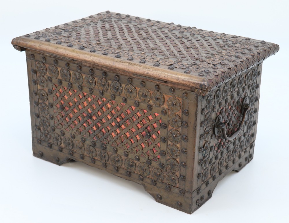 A highly decorative small Zanzibar brass and copper mounted chest or strongbox View VII