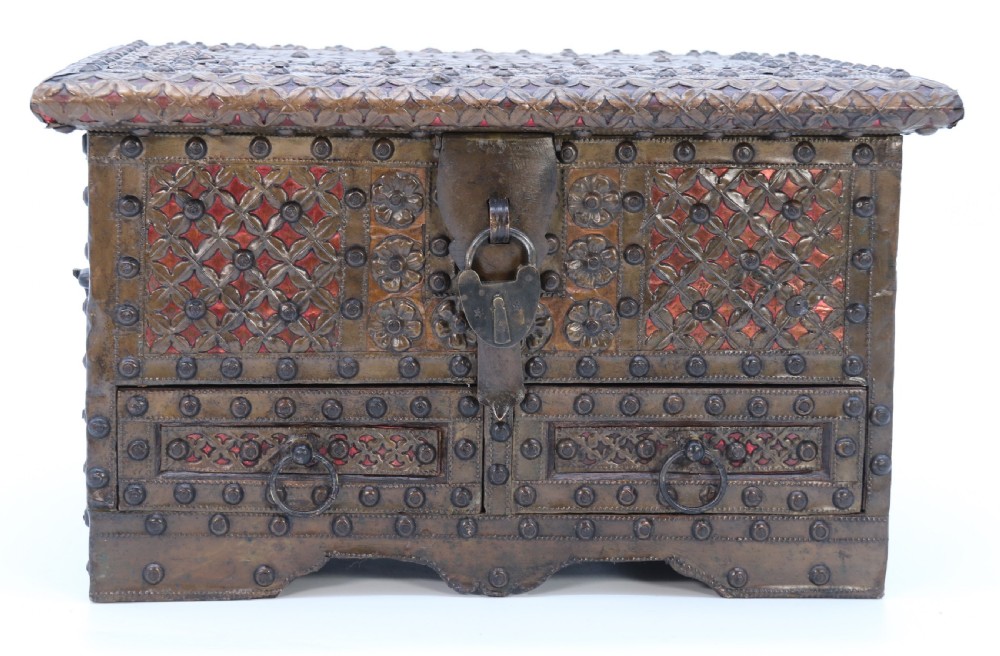 A highly decorative small Zanzibar brass and copper mounted chest or strongbox View IX