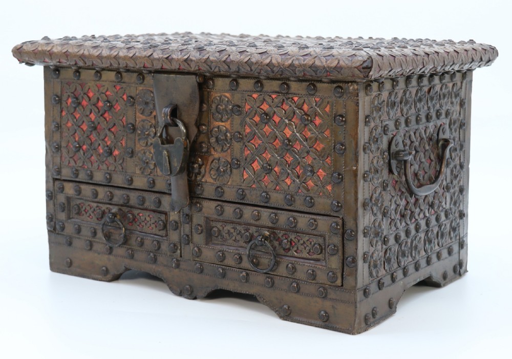 A highly decorative small Zanzibar brass and copper mounted chest or strongbox View X