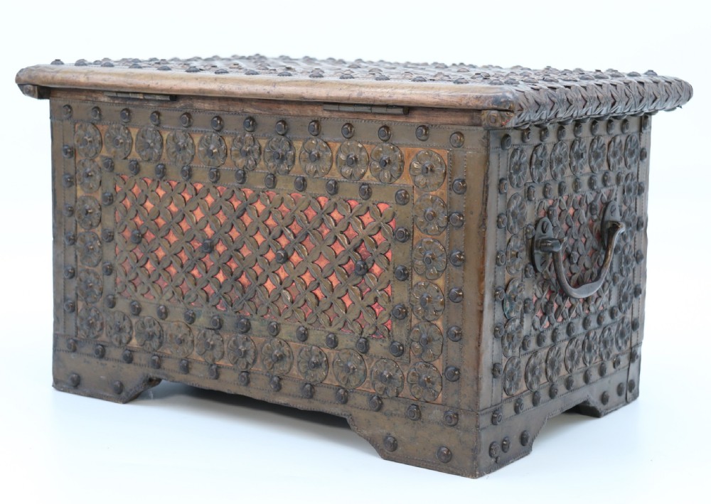 A highly decorative small Zanzibar brass and copper mounted chest or strongbox View XII
