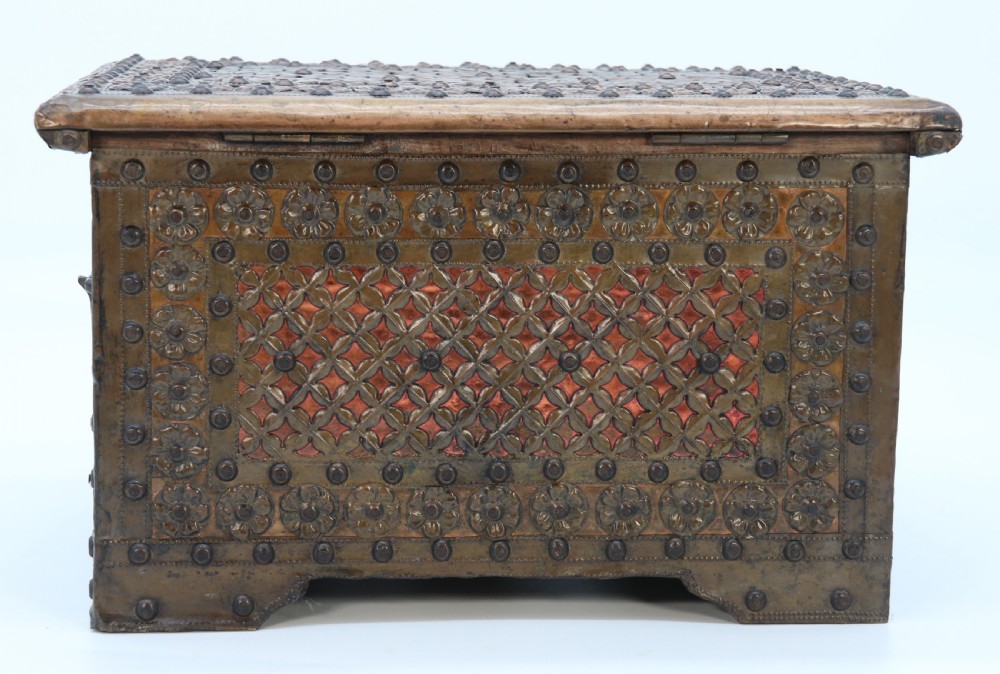 A highly decorative small Zanzibar brass and copper mounted chest or strongbox View XIII