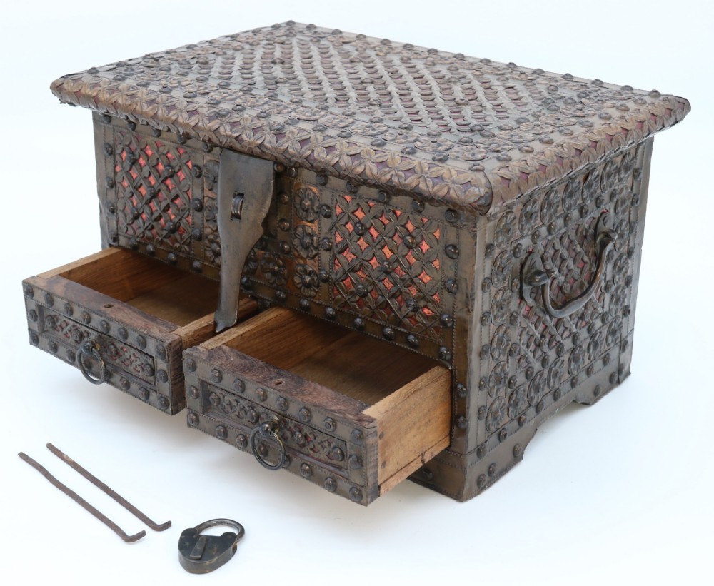 A highly decorative small Zanzibar brass and copper mounted chest or strongbox View XV