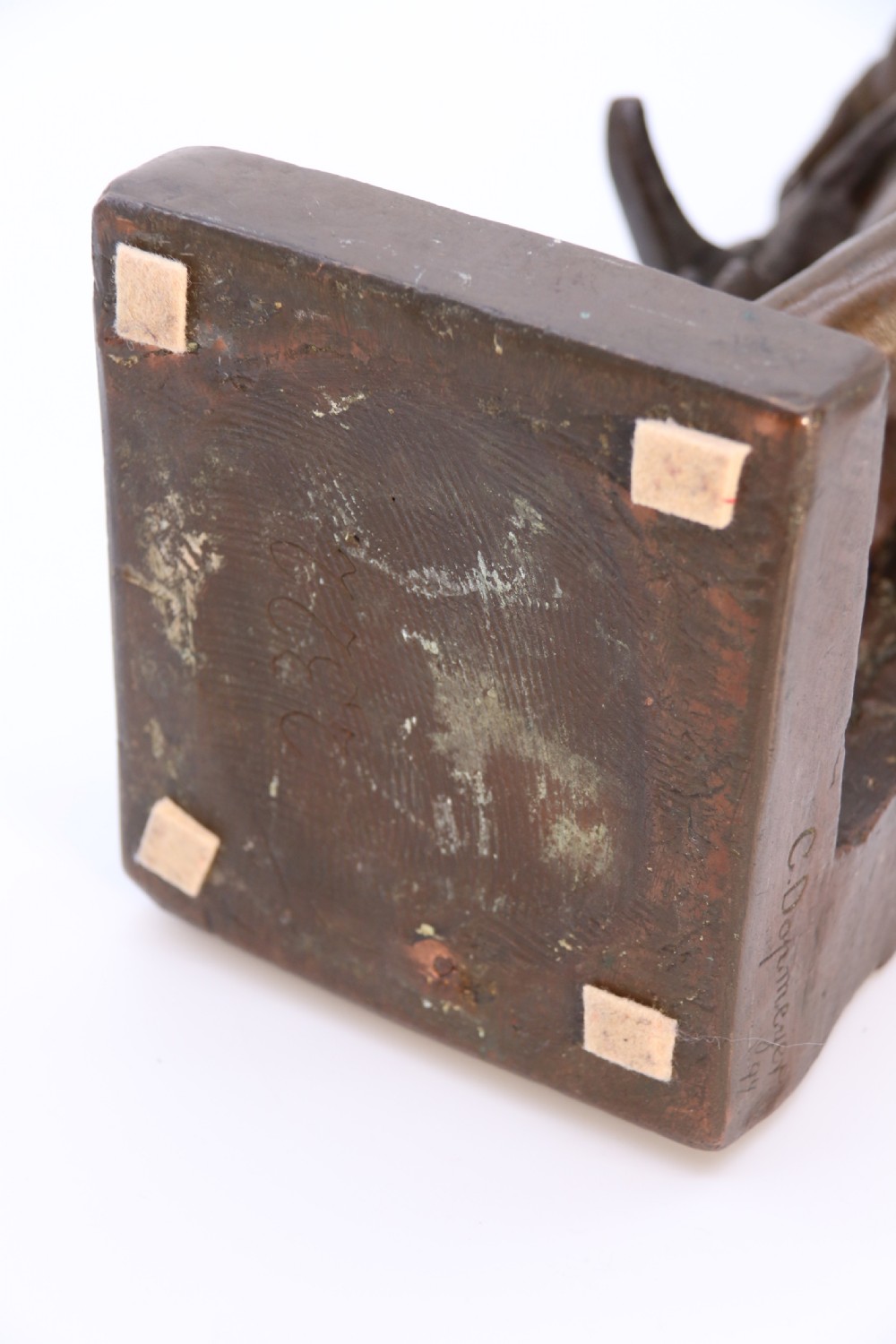 A pair of patinated electrotype bronze figures depicting historic tradesmen standing on rectangular plinths. View XXI