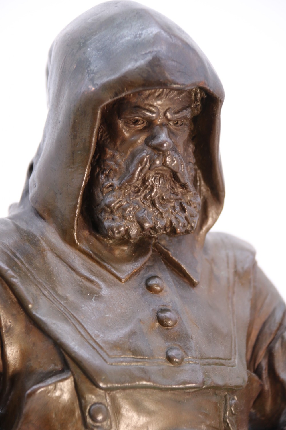 A pair of patinated electrotype bronze figures depicting historic tradesmen standing on rectangular plinths. View XXX