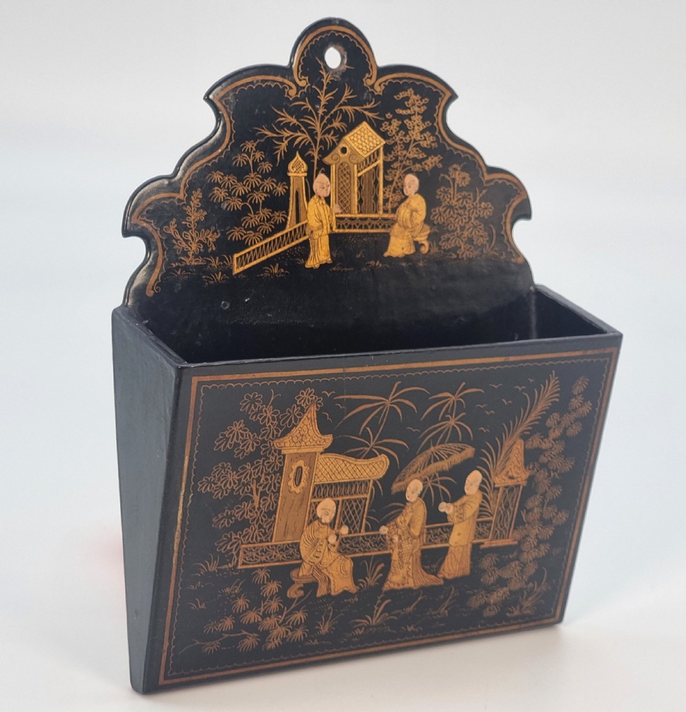 A 19th century Chinese export chinoiserie decorated papier mache  wall pocket.

 View VI