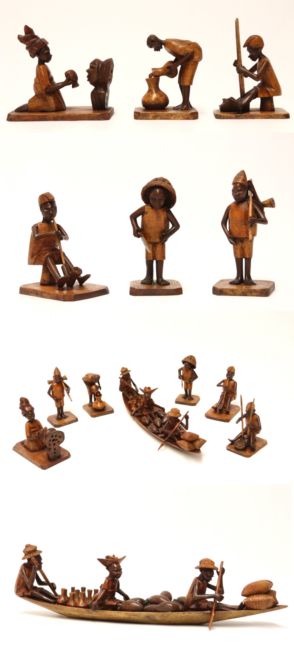 A collection of hand-carved warm brown hardwood figures from Nigeria depicting individuals engaged in daily tasks alongside a carved canoe.