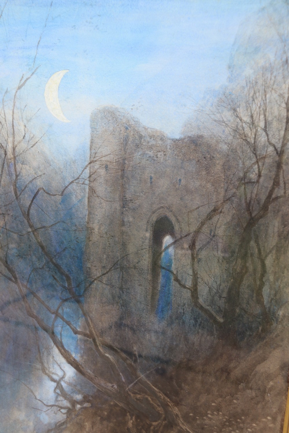 A watercolour by  Henry Martin Pope of a moonlit castle ruin by a lake.  View VIII