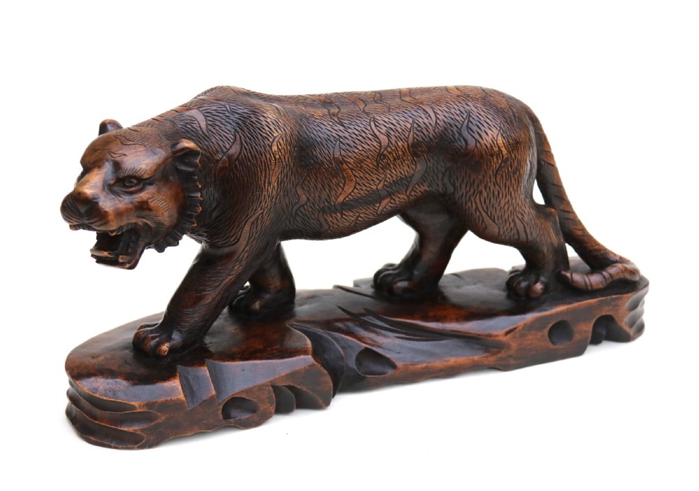 Antique Japanese Meiji period carved hardwood okimono of a prowling tiger. View XIV