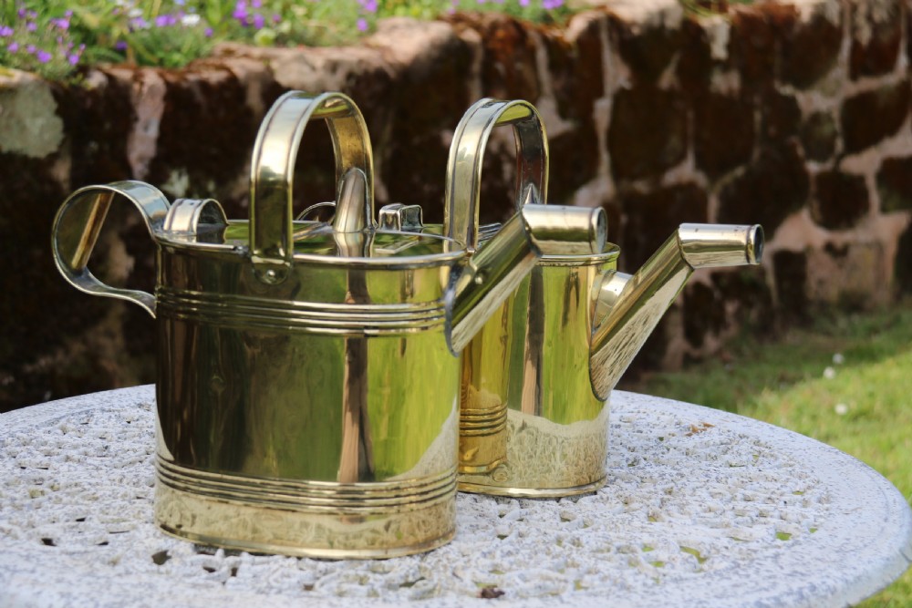 A pair of polished 19th-century brass watering cans in differing sizes featuring reeded cylindrical bodies, arched top handles, and angled spouts. View II
