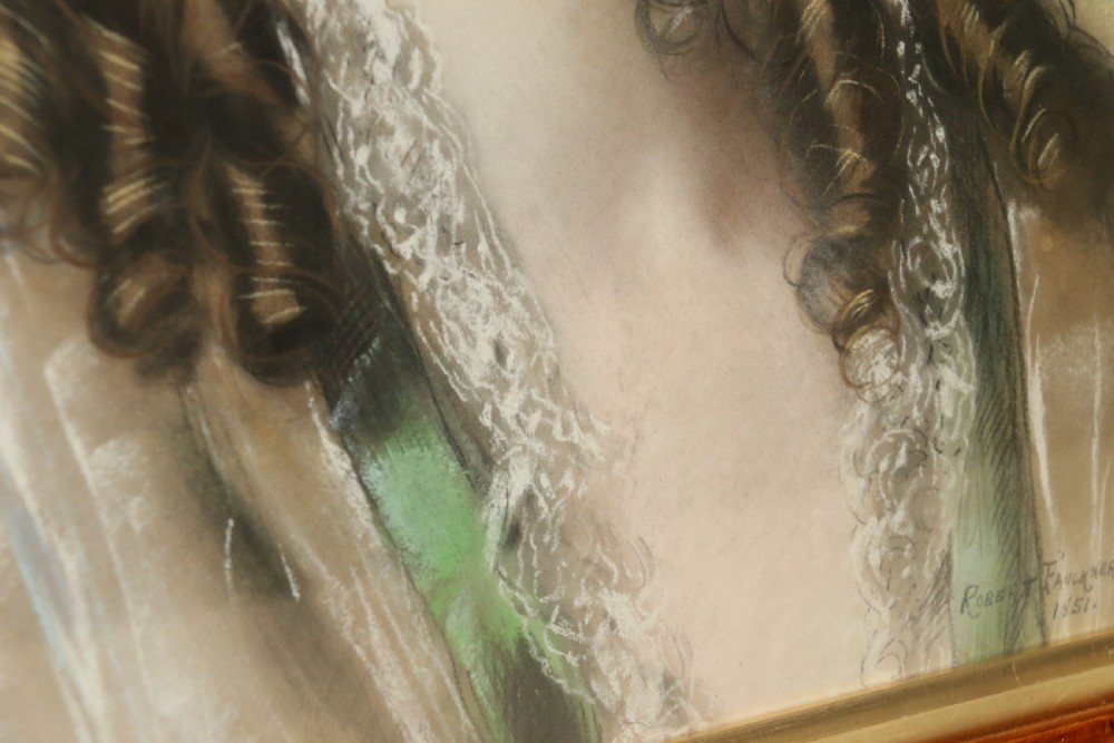 A mid-19th-century pastel portrait of a young woman with ringlets, presented in a rich burl wood frame with a gilt inner slip. View VII