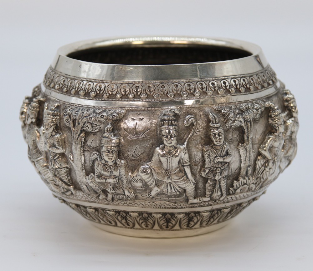 19th century Indian silver Raj period deep relief repousse work bowl.