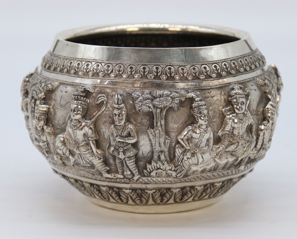 19th century Indian silver Raj period deep relief repousse work bowl. View III