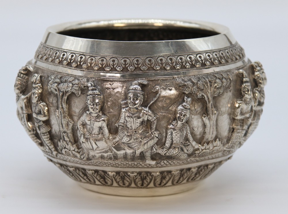 19th century Indian silver Raj period deep relief repousse work bowl. View IV