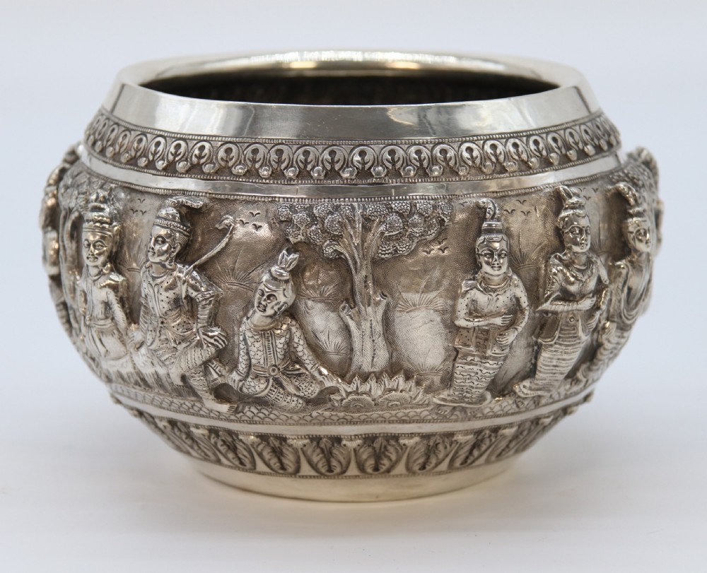 19th century Indian silver Raj period deep relief repousse work bowl. View V