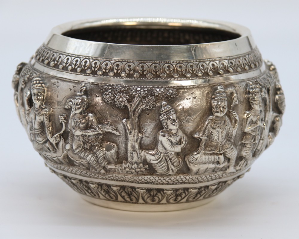 19th century Indian silver Raj period deep relief repousse work bowl. View VI