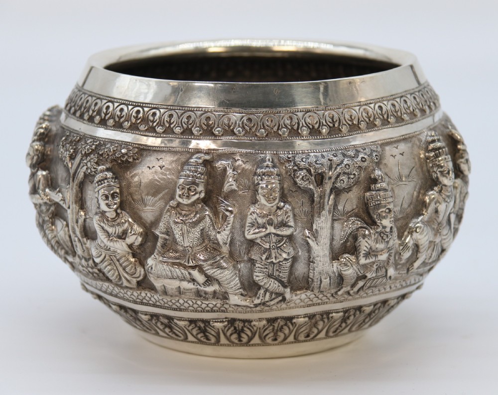 19th century Indian silver Raj period deep relief repousse work bowl. View VII