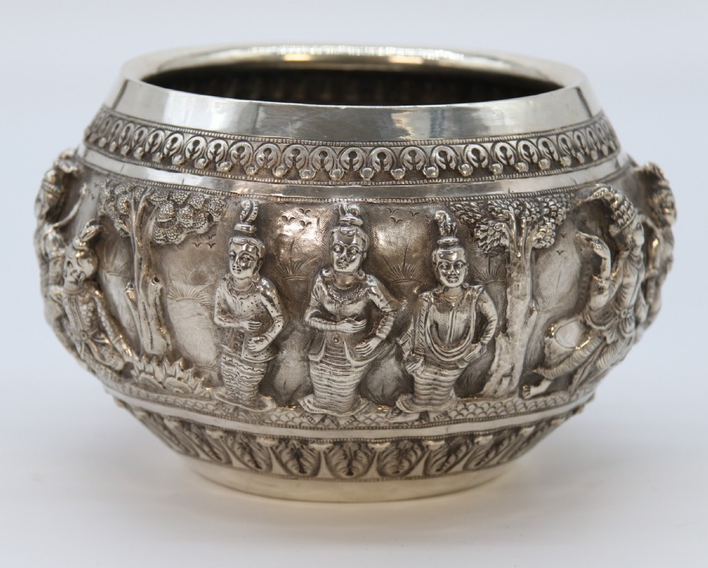 19th century Indian silver Raj period deep relief repousse work bowl. View VIII