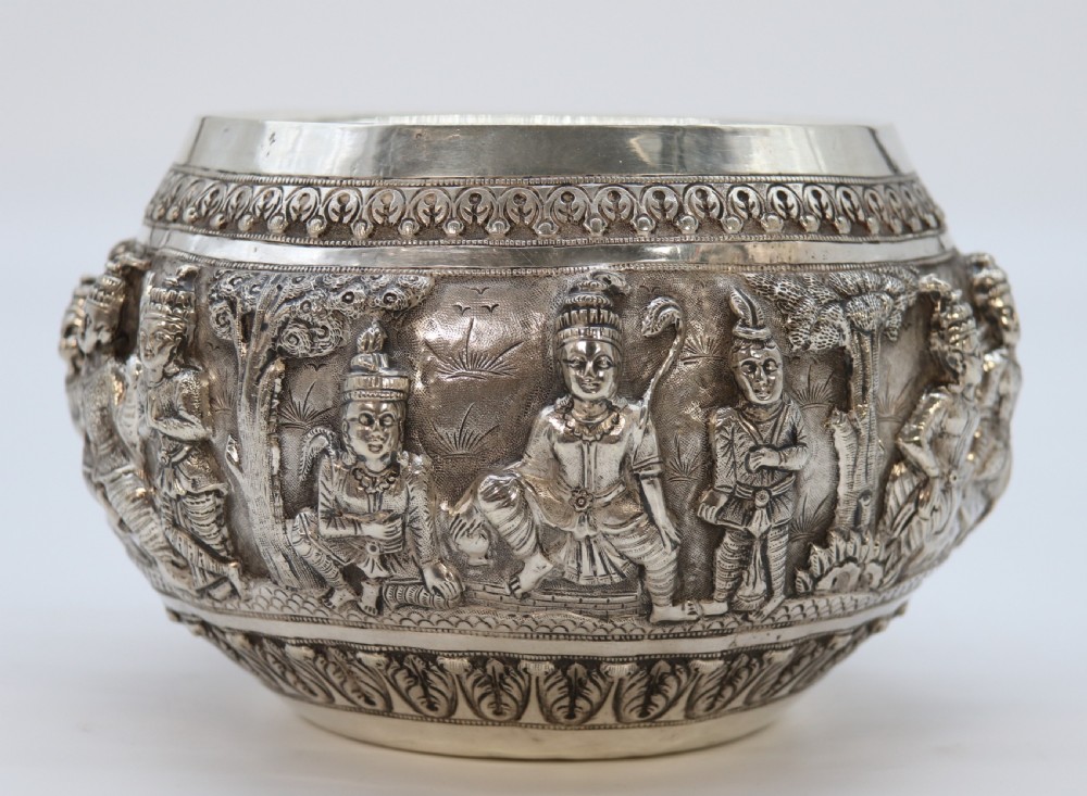 19th century Indian silver Raj period deep relief repousse work bowl. View IX