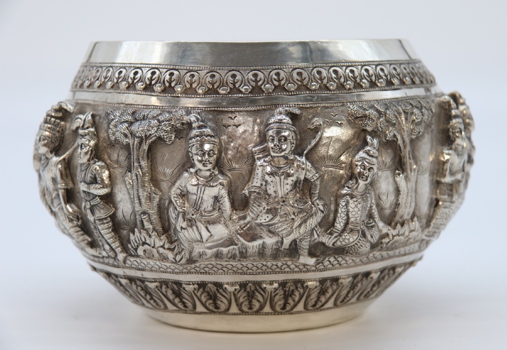 19th century Indian silver Raj period deep relief repousse work bowl. View X