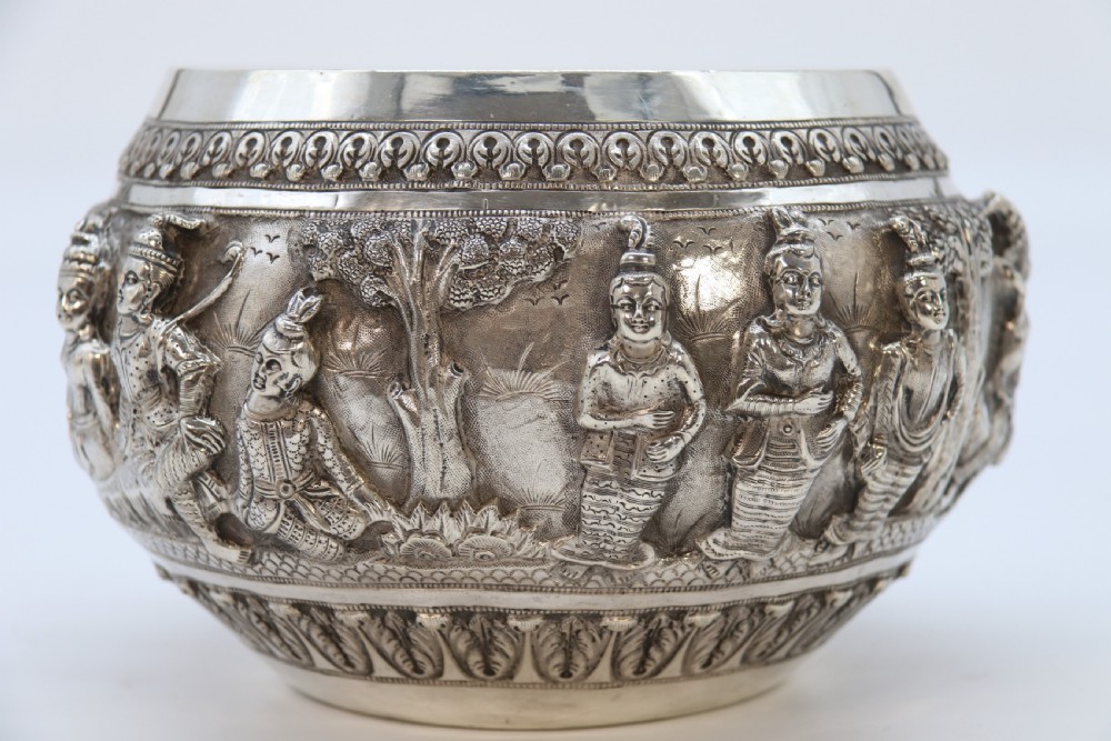 19th century Indian silver Raj period deep relief repousse work bowl. View XI
